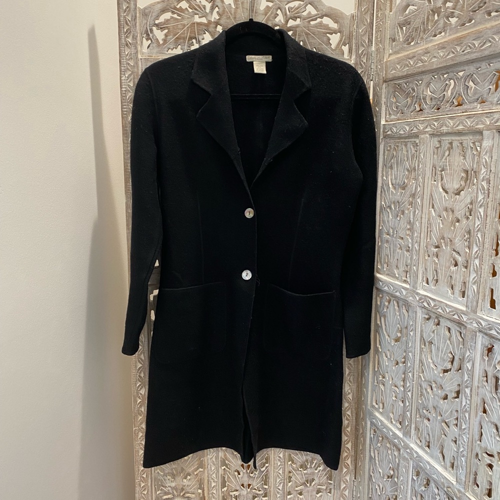 Black boiled wool cardigan — classic style, clean lines, very chic
